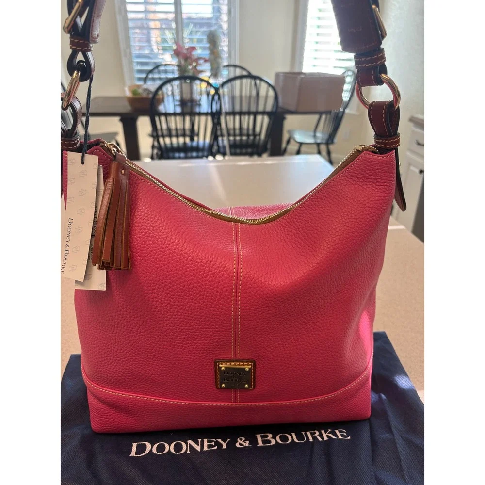Dooney & Bourke Pebbled Leather Hobo Shoulder Bag Pink Tassel Large
